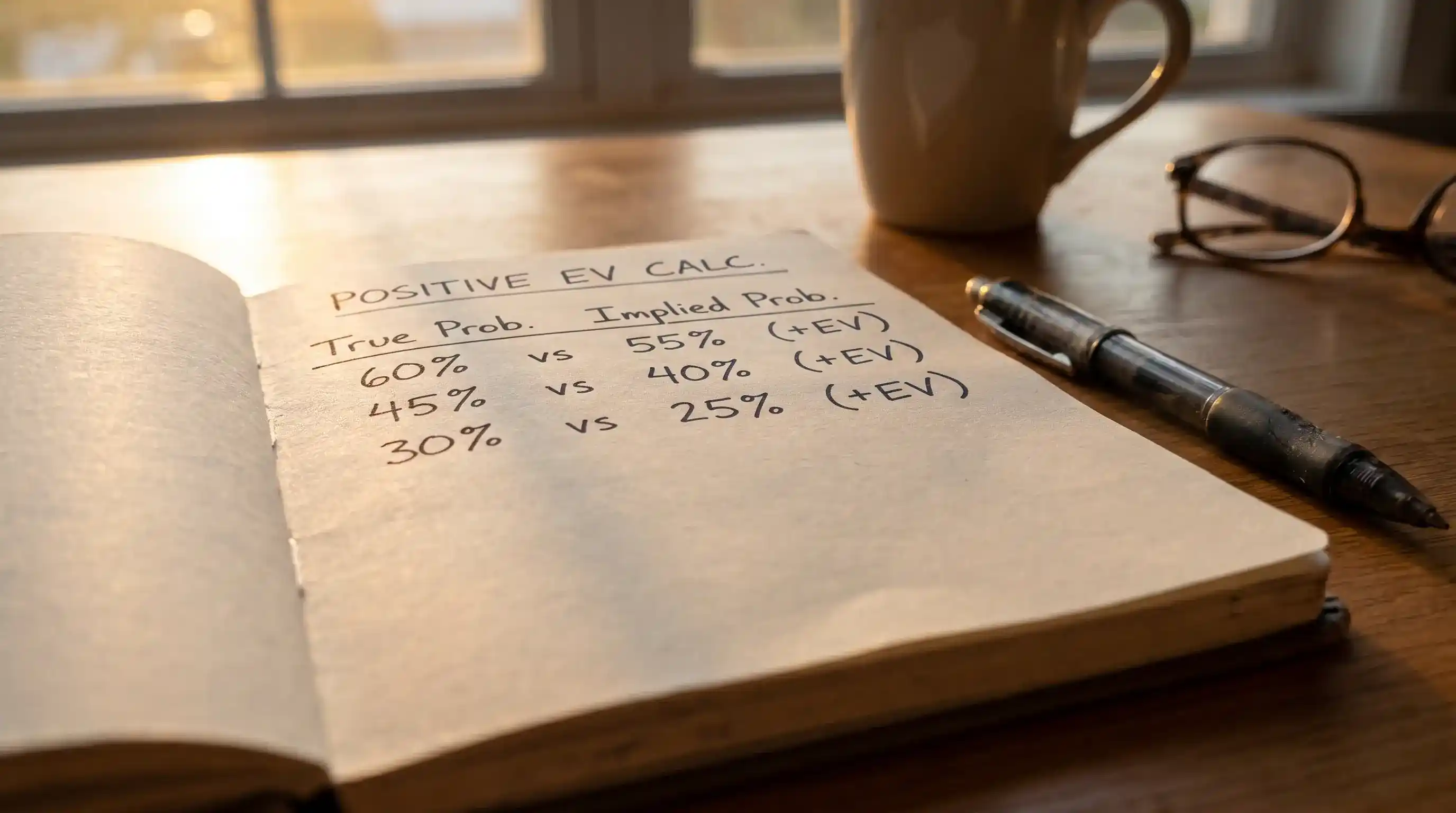 Notebook with positive EV calculation comparing true probability to bookmaker odds