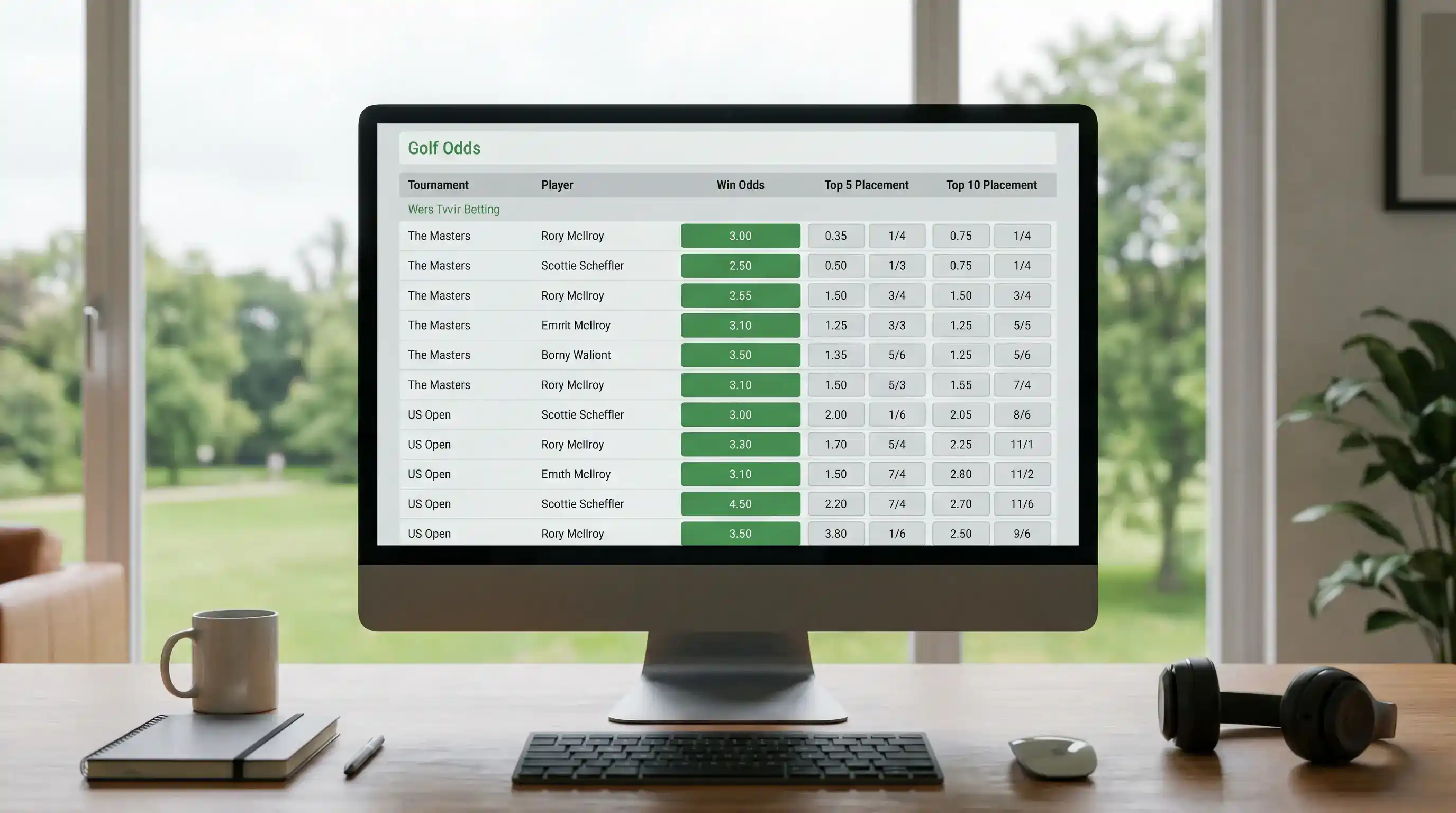 Handwritten golf in-play trigger notes next to a laptop before the tournament round