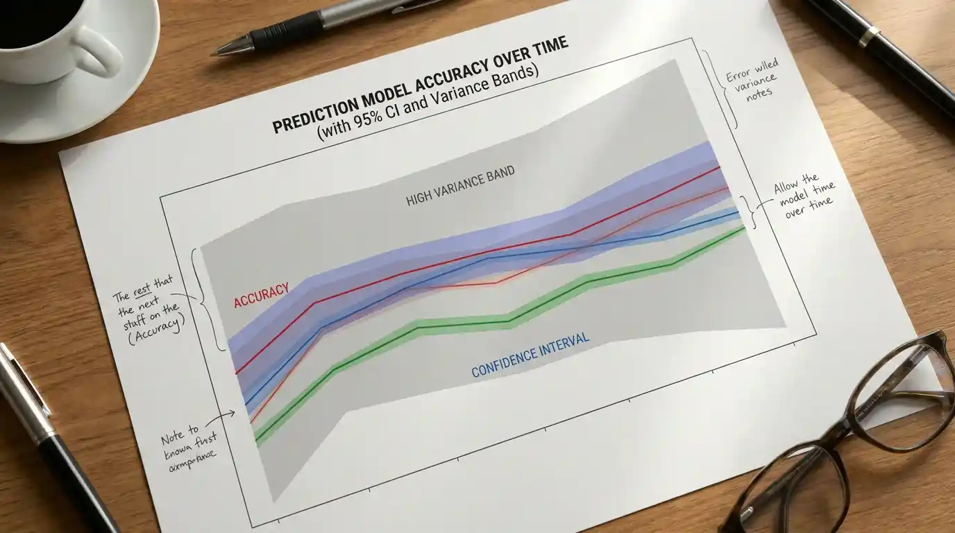 Printed chart showing golf prediction model accuracy with high variance confidence intervals