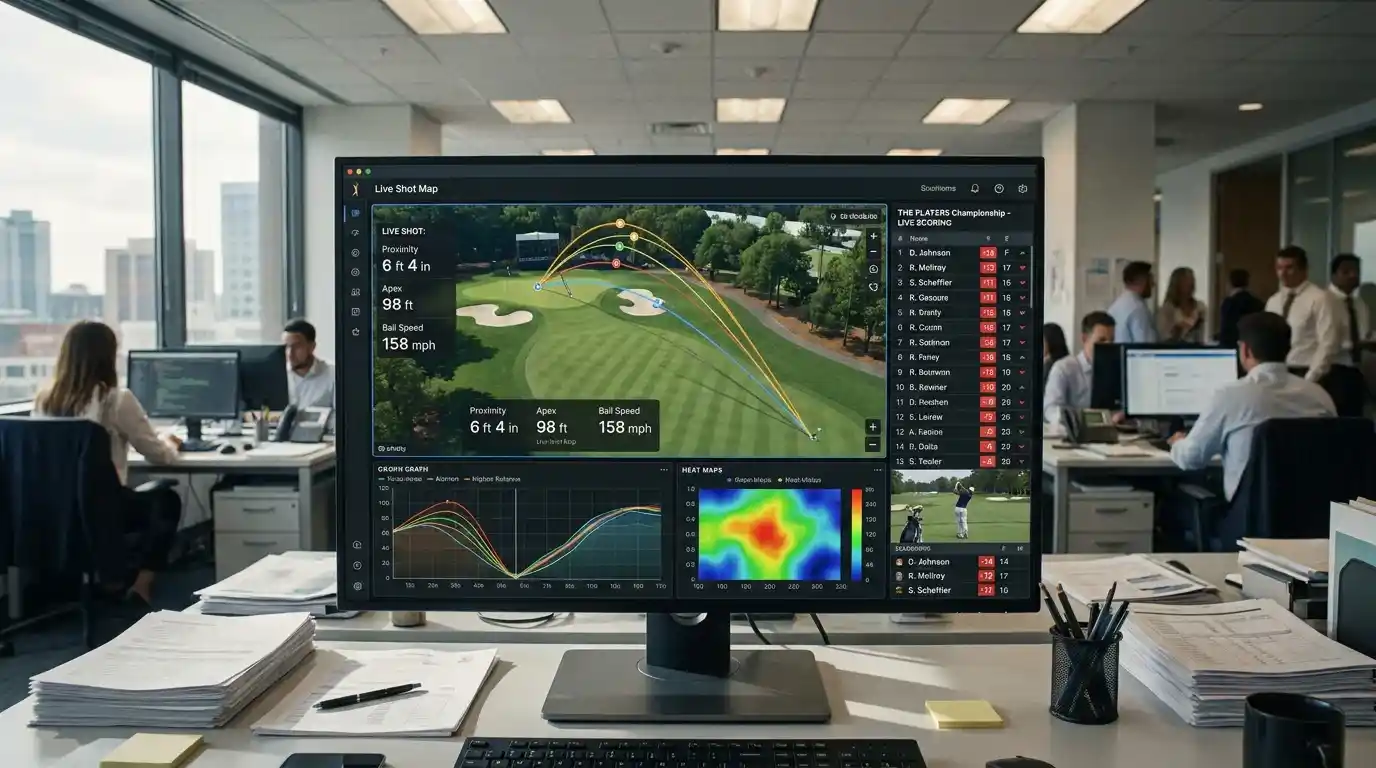 Monitor displaying a real-time golf analytics interface with live shot proximity data