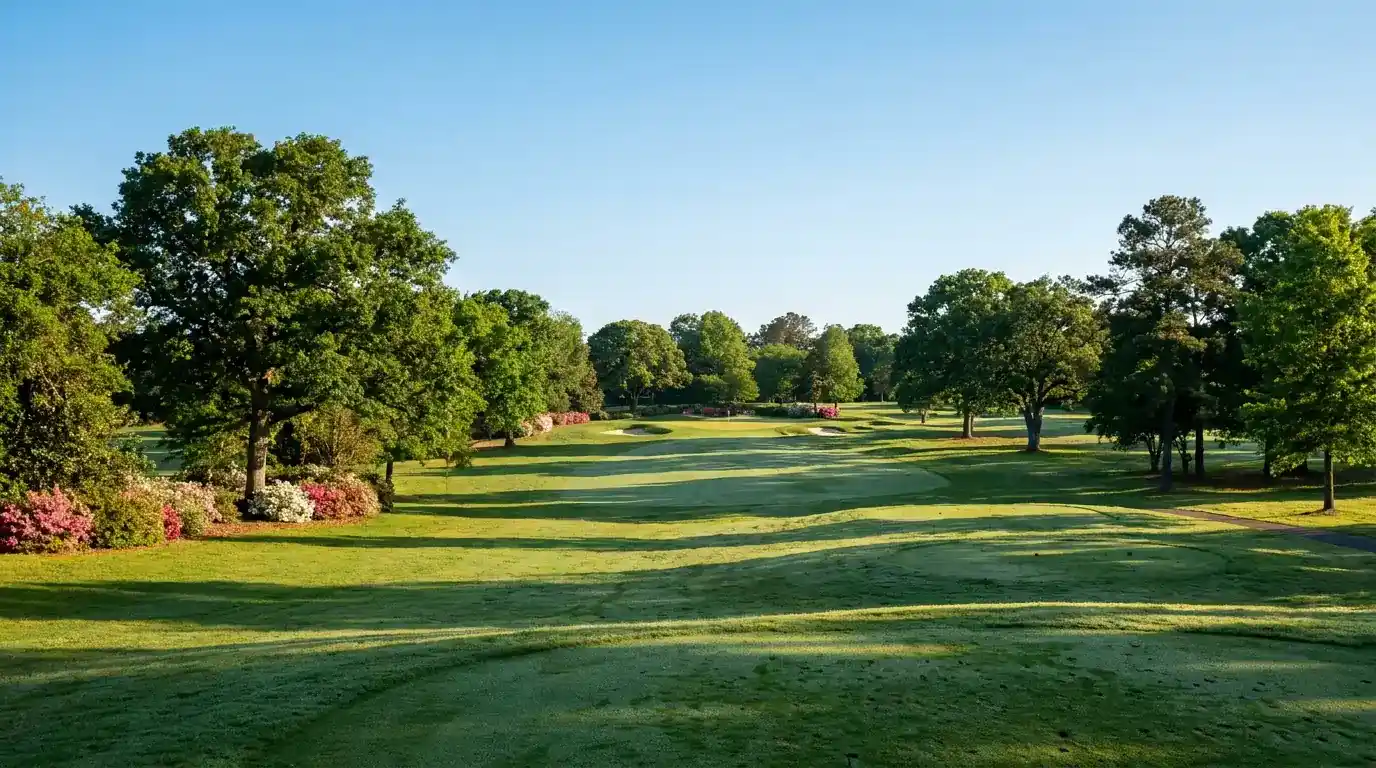 Pristine golf green surface after morning watering with flagstick in background