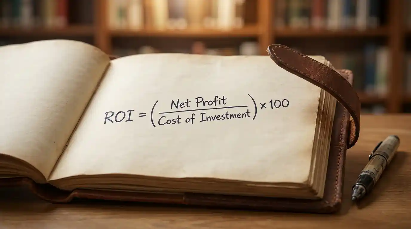 Notebook with ROI and yield calculation formula for a golf betting season
