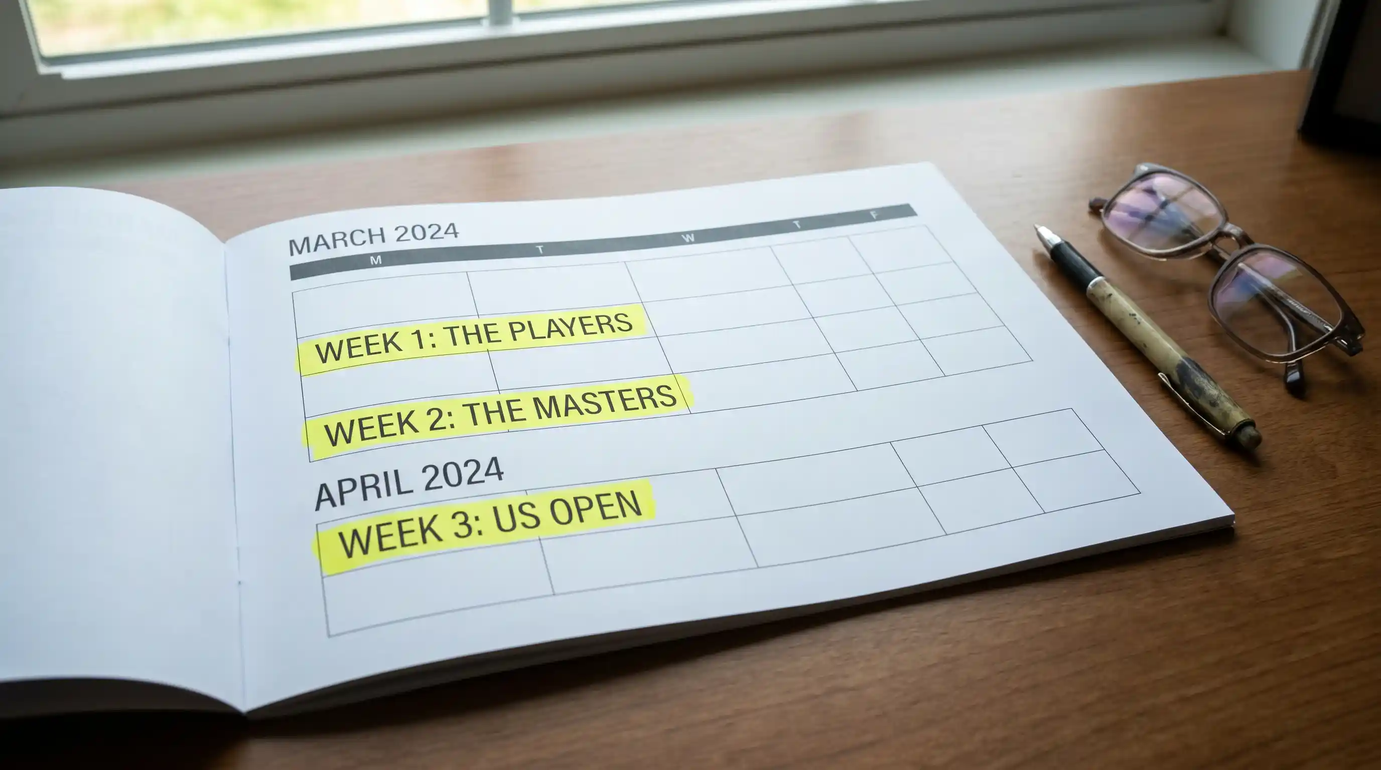 Printed golf season calendar highlighting consecutive back-to-back tournament weeks