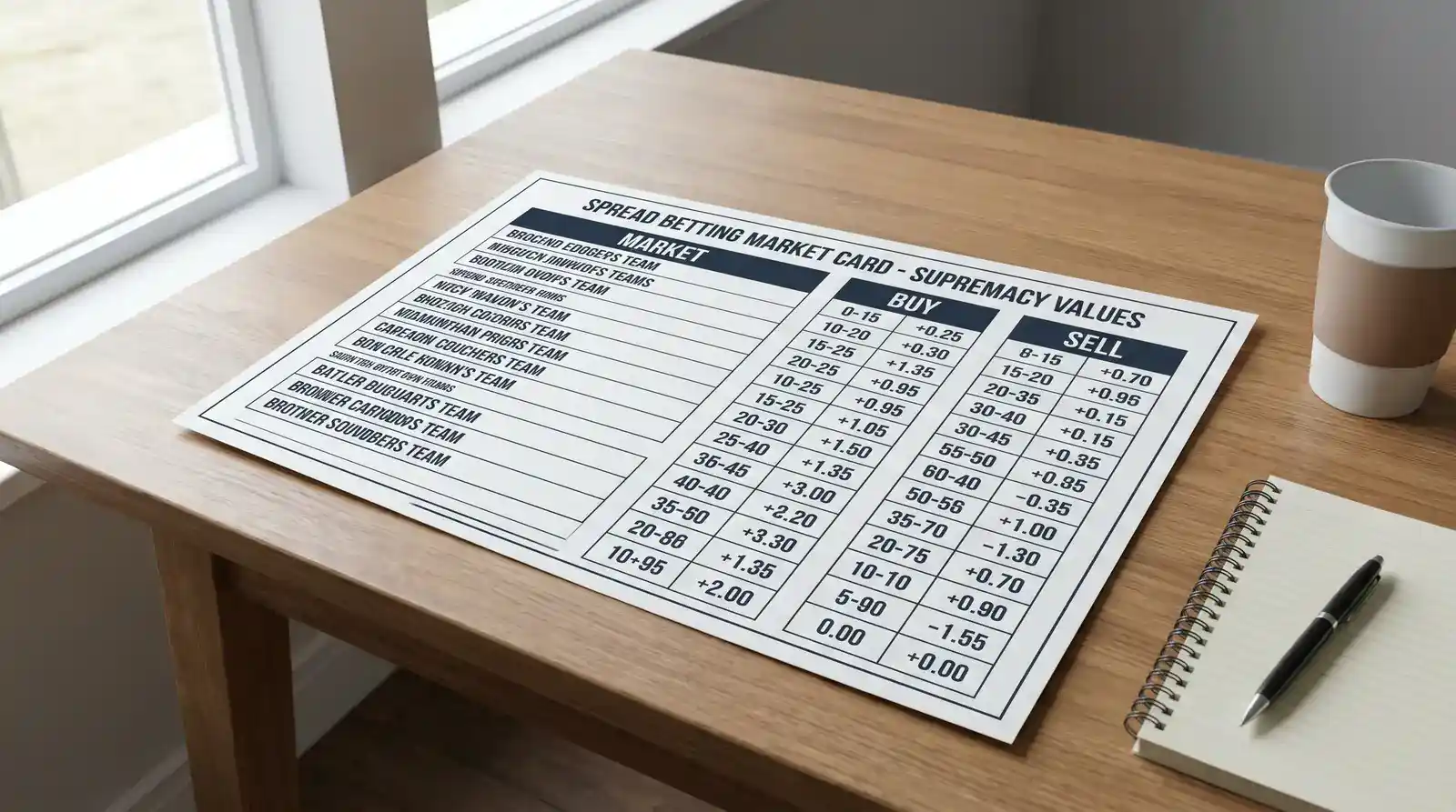 Printed spread betting market card showing buy and sell points for golf supremacy
