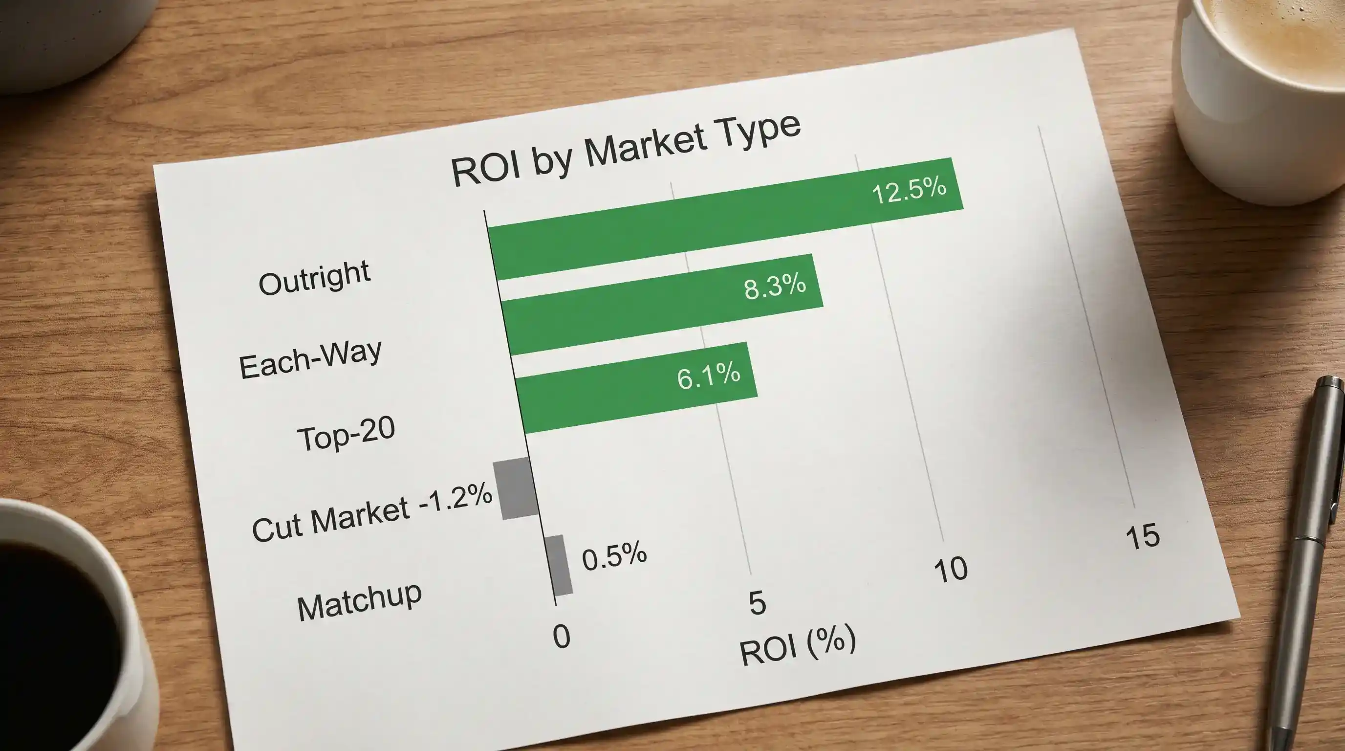 Golf punter analysing a betting log with markets highlighted by type for ROI review