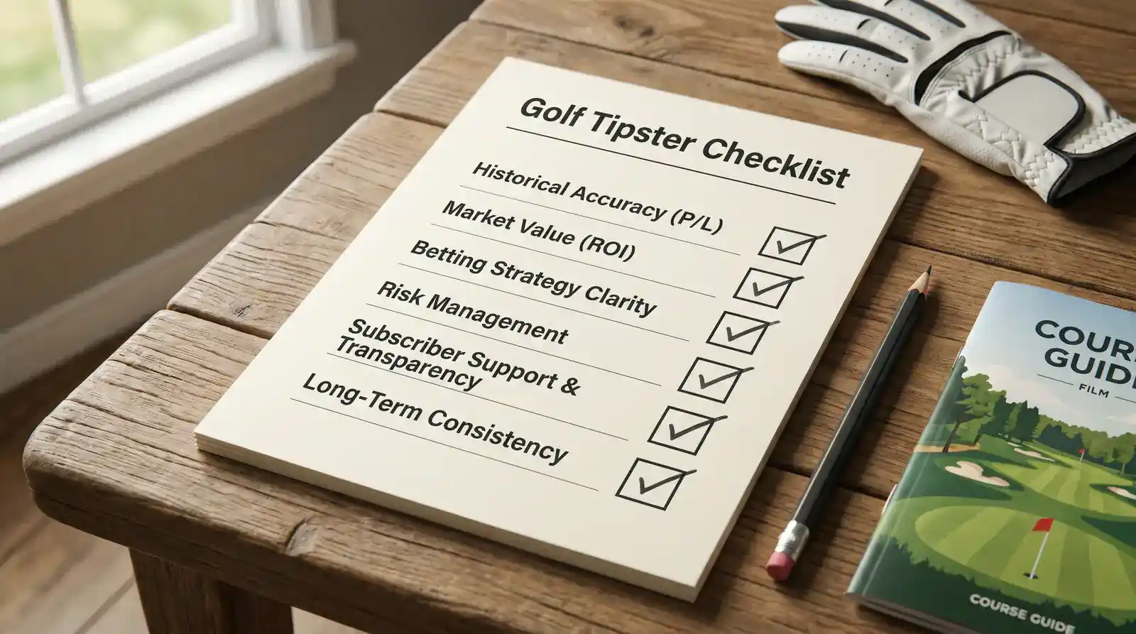 Printed tipster evaluation checklist with criteria including sample size and verified ROI