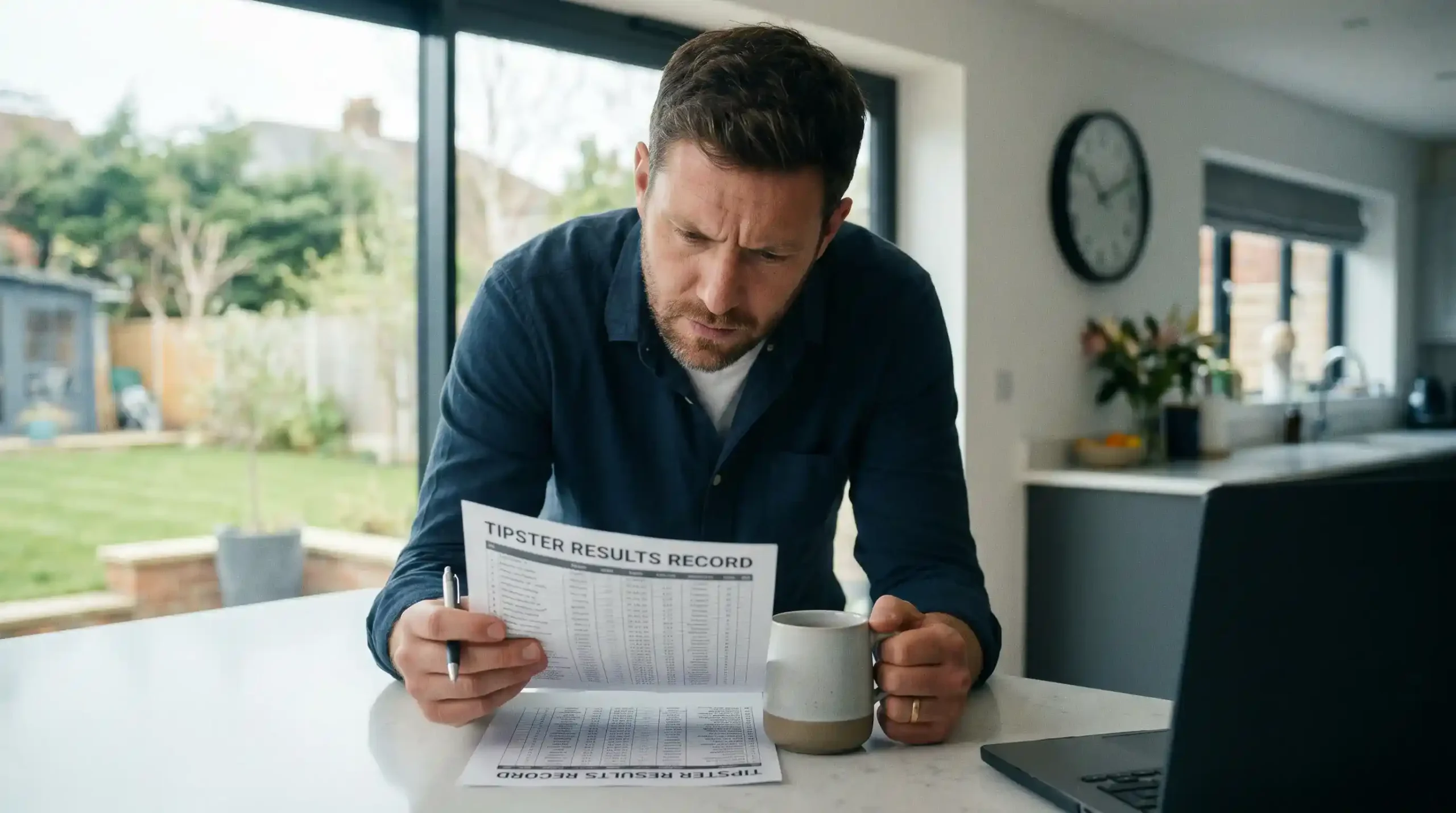 Golf punter carefully reviewing a tipster results record before subscribing to a service