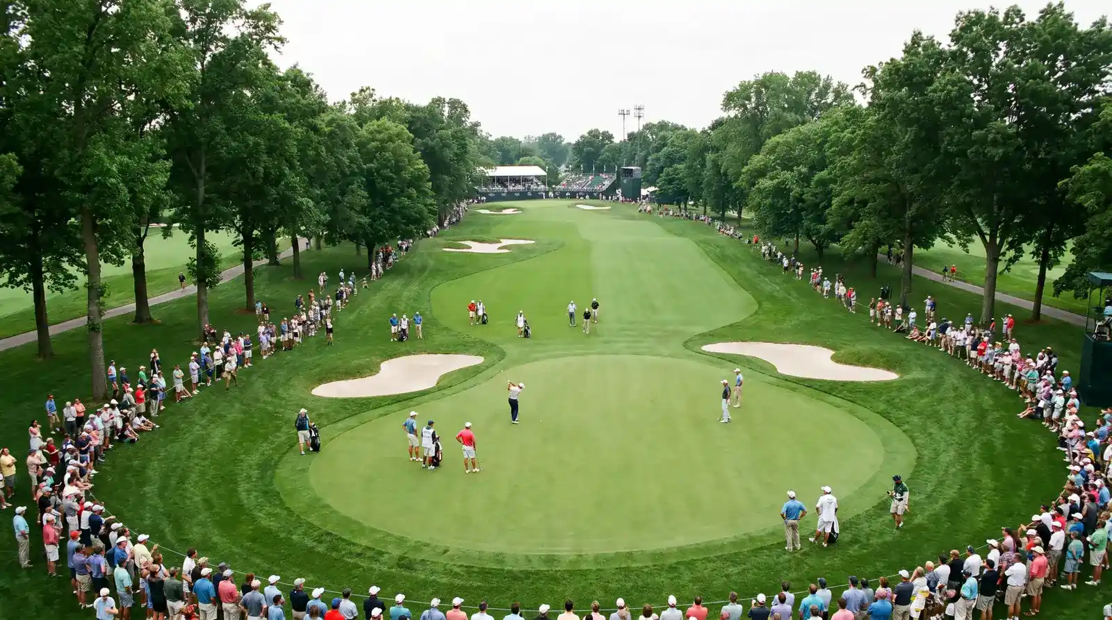 Wide aerial view of a professional golf tournament with over 150 players on the course