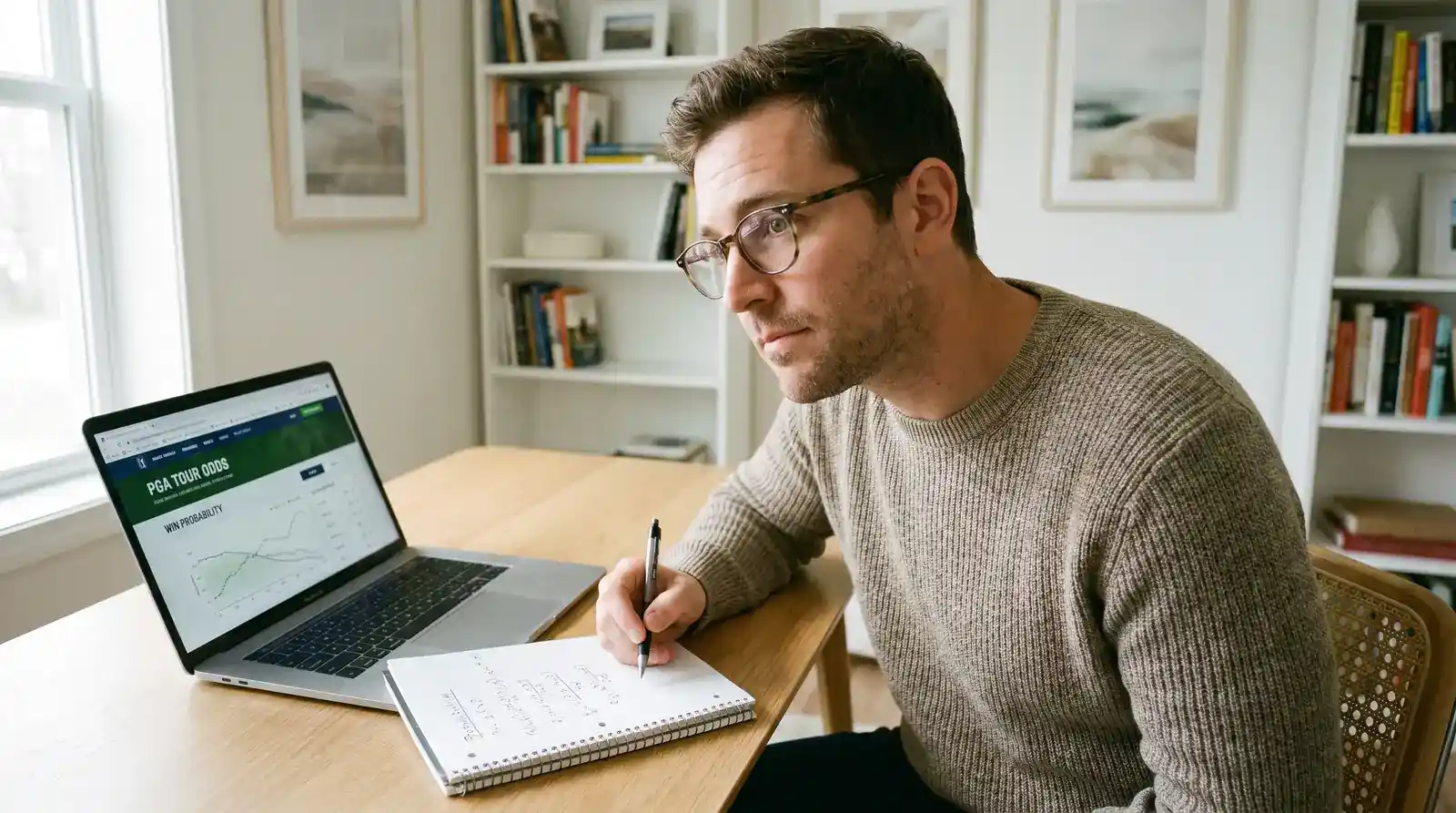Golf analyst calculating true probability versus bookmaker implied odds at a desk