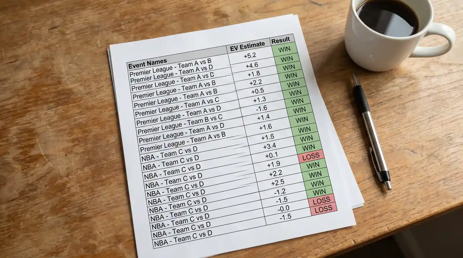 Printed betting results log showing positive EV bets and ROI tracking over a season