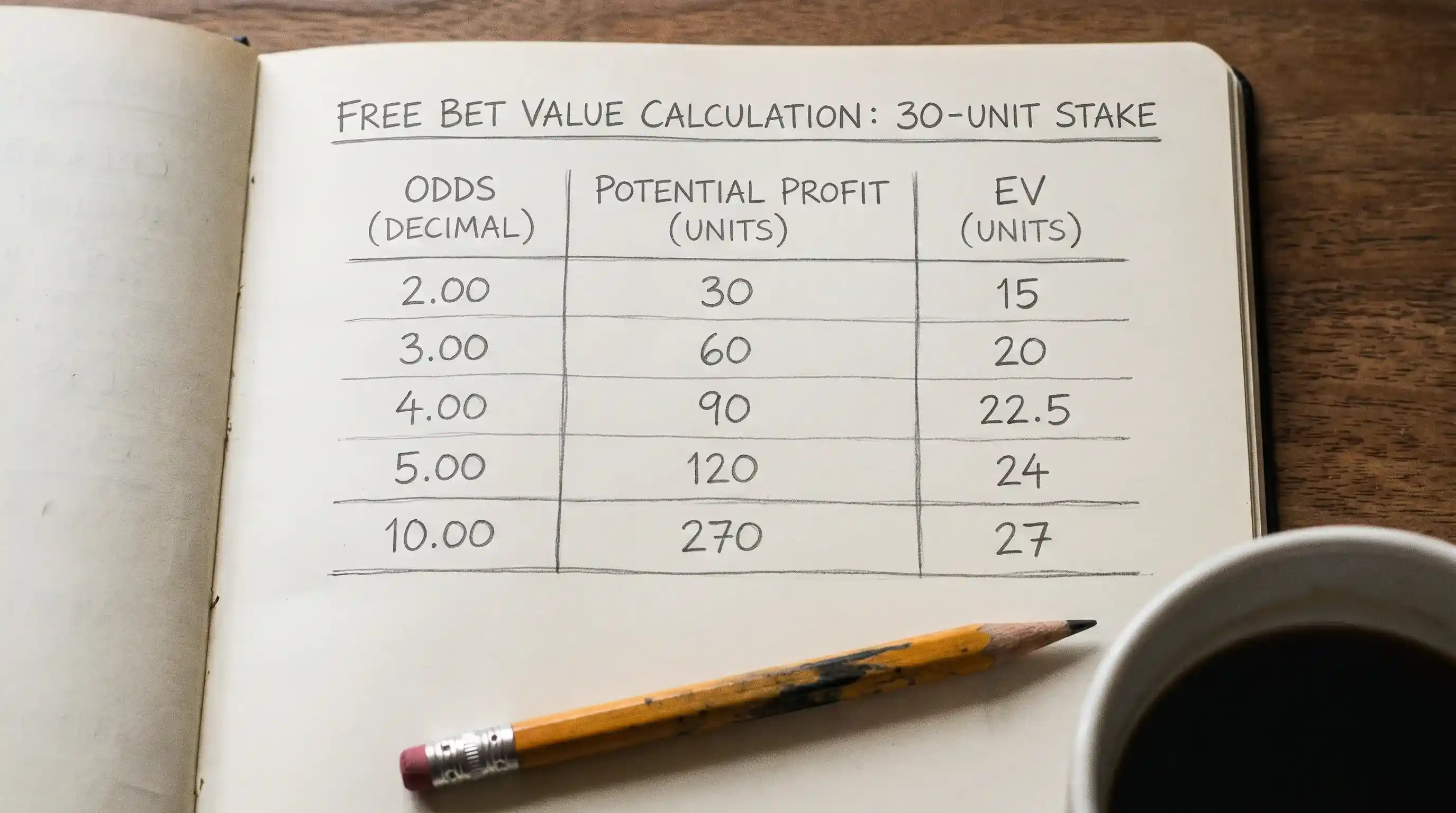 Notebook with a golf welcome offer true value calculation at different odds levels