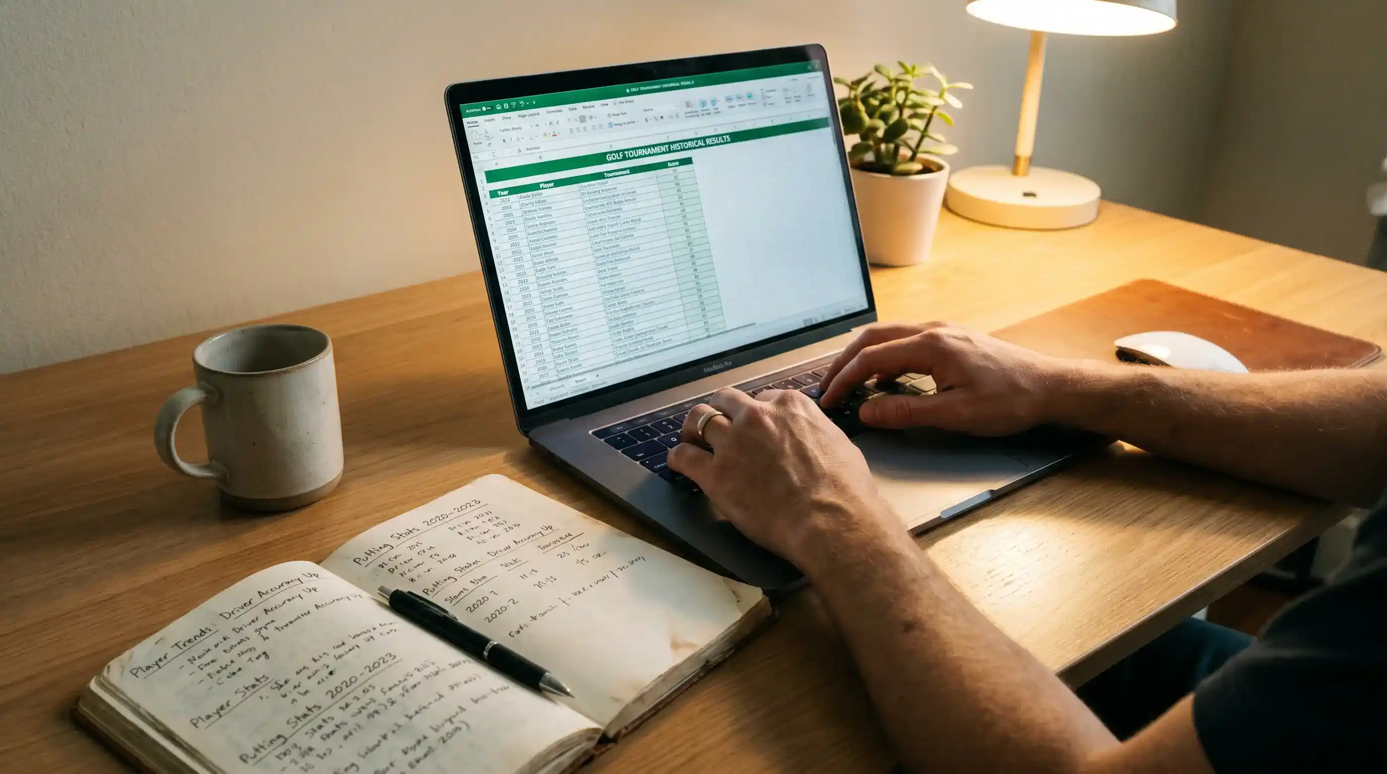 Golf analyst reviewing historical tournament results and course statistics