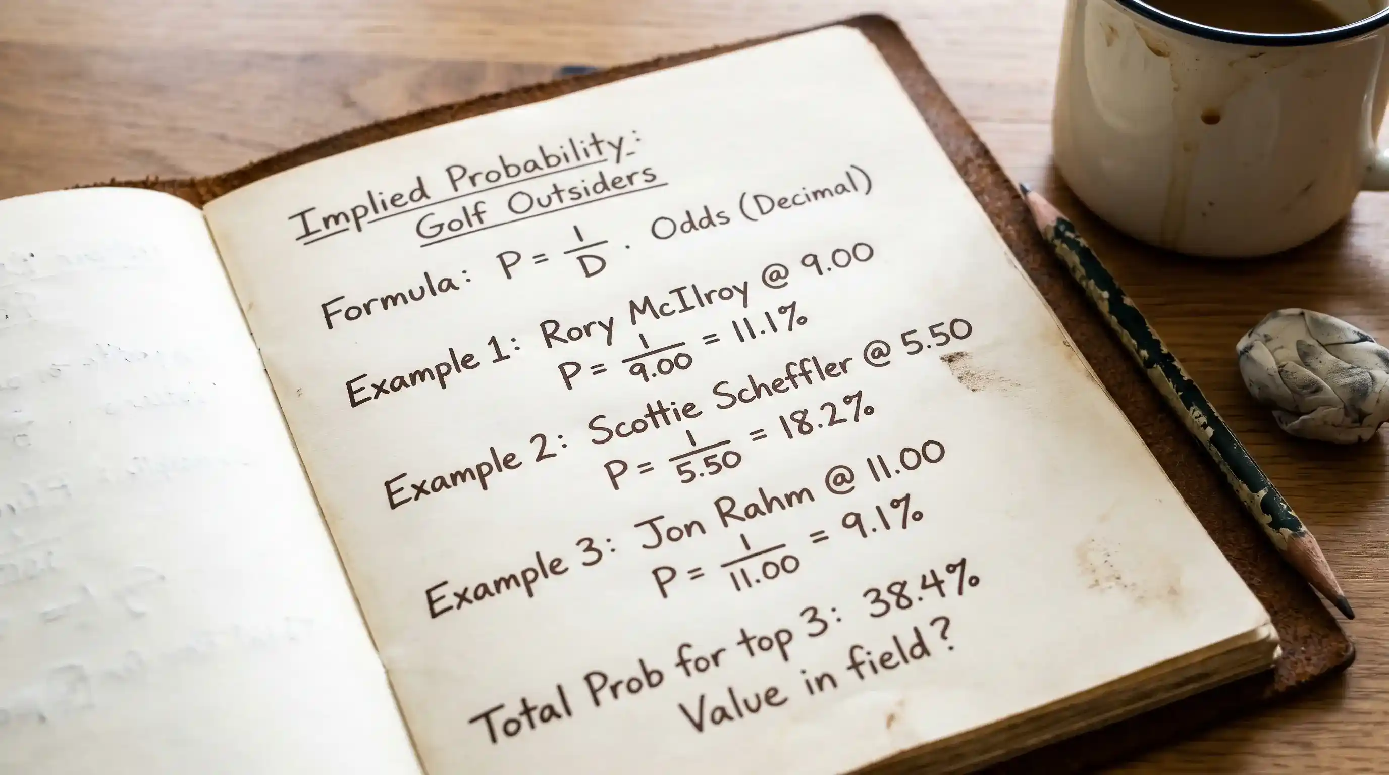 Notebook showing implied probability calculation for a series of golf outright odds