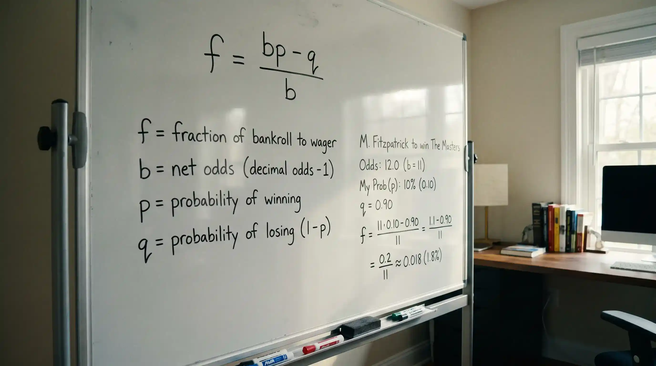 Kelly Criterion formula written on whiteboard with golf bet probability notes