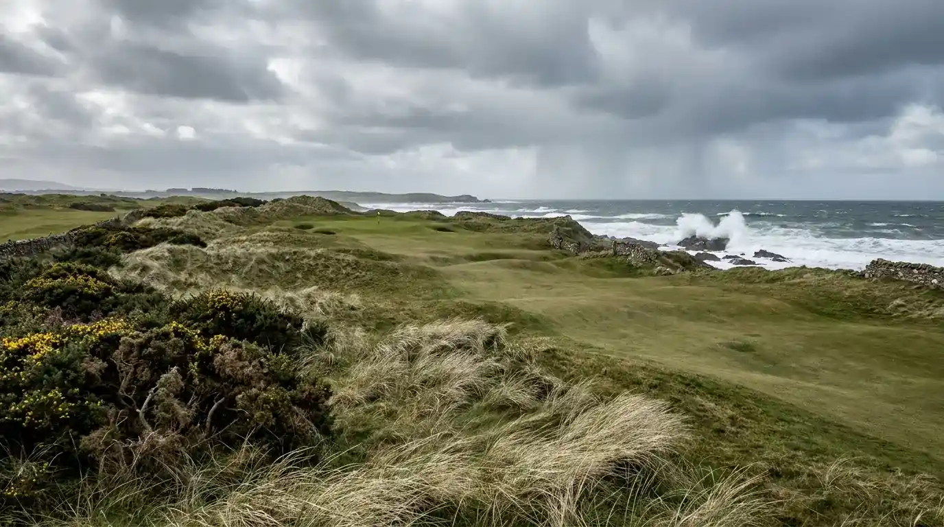 Scottish links golf course with coastal wind and undulating fairways typical of The Open Championship venues