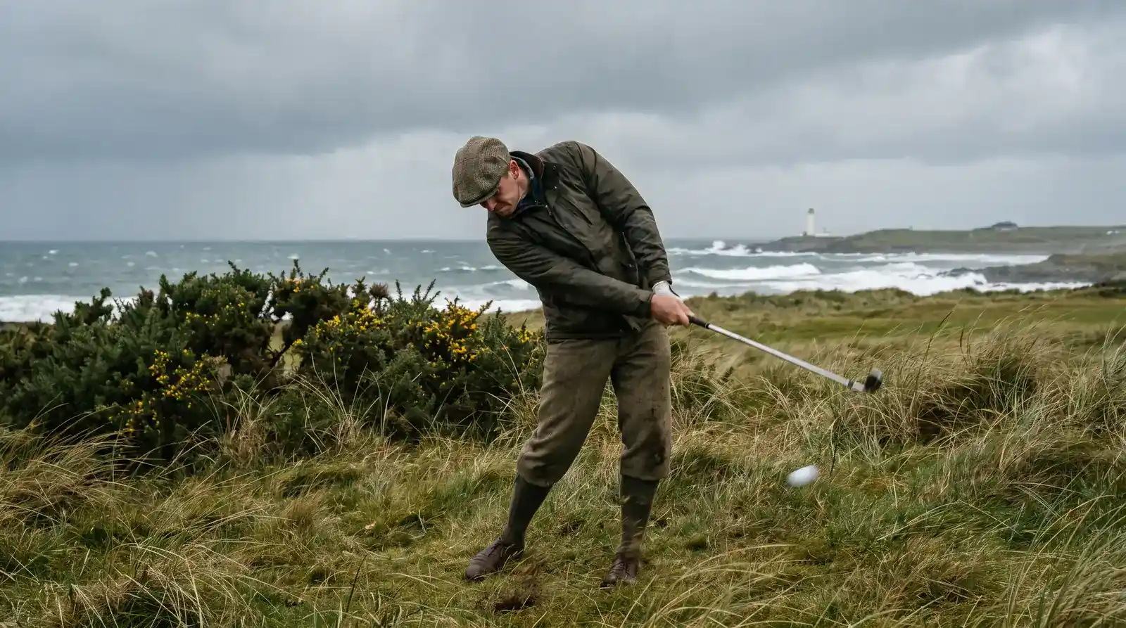 Golfer hitting a low punch shot into coastal wind on a links golf course