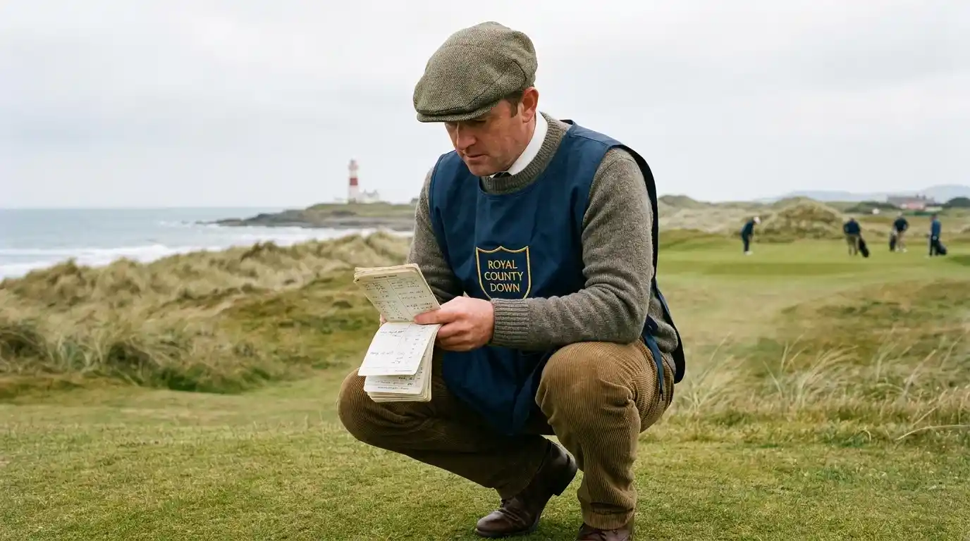 Caddie studying a yardage guide booklet at a seaside British links golf course