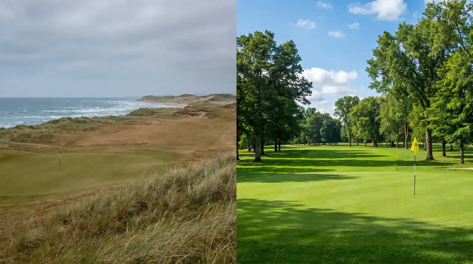 Side by side links golf coastal course and parkland tree-lined fairway