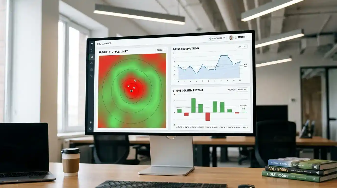 Monitor displaying a golf analytics dashboard with shot-level data and real-time scoring