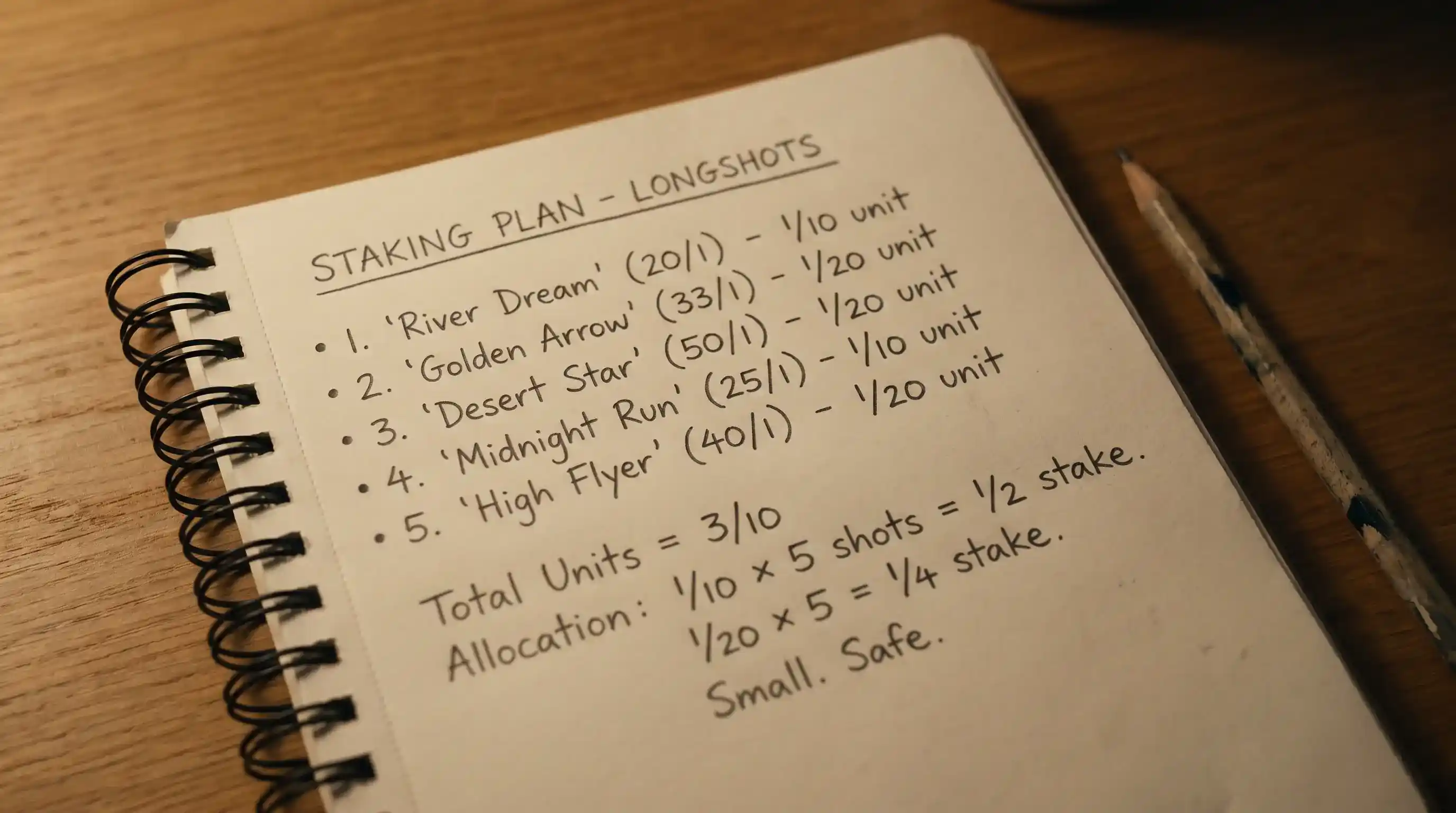 Handwritten staking plan notebook showing small unit allocation for golf longshot strategy