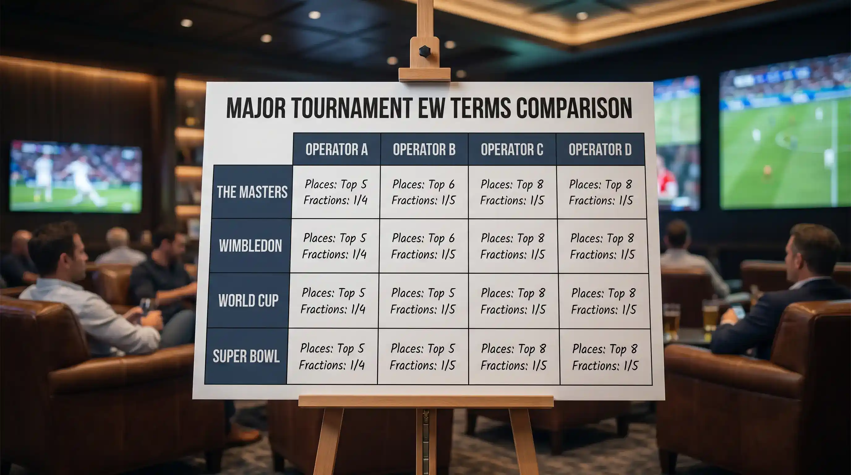 Each-way terms comparison table for Major golf tournaments across multiple operators