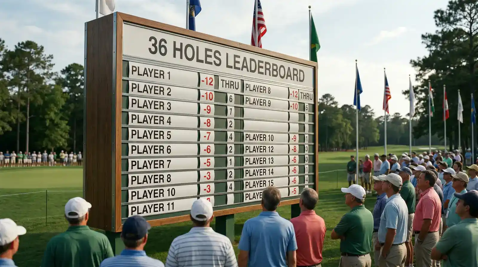 Golf tournament scoreboard showing player scores at the 36-hole cut line