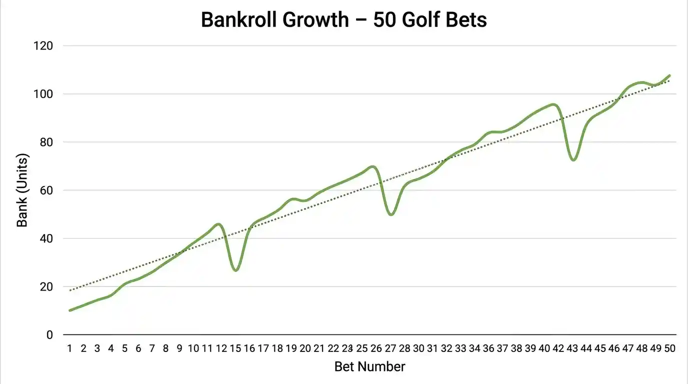 Line graph showing percentage staking bank growth and drawdown over golf season