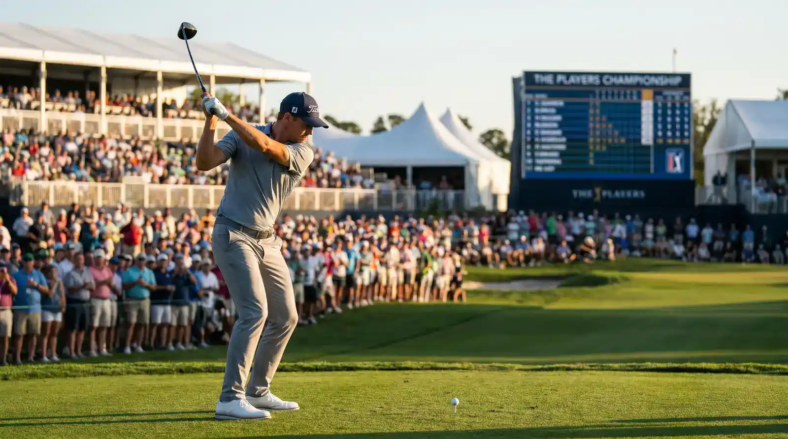Professional golfer hitting a tee shot on a US parkland course with stadium crowd in background