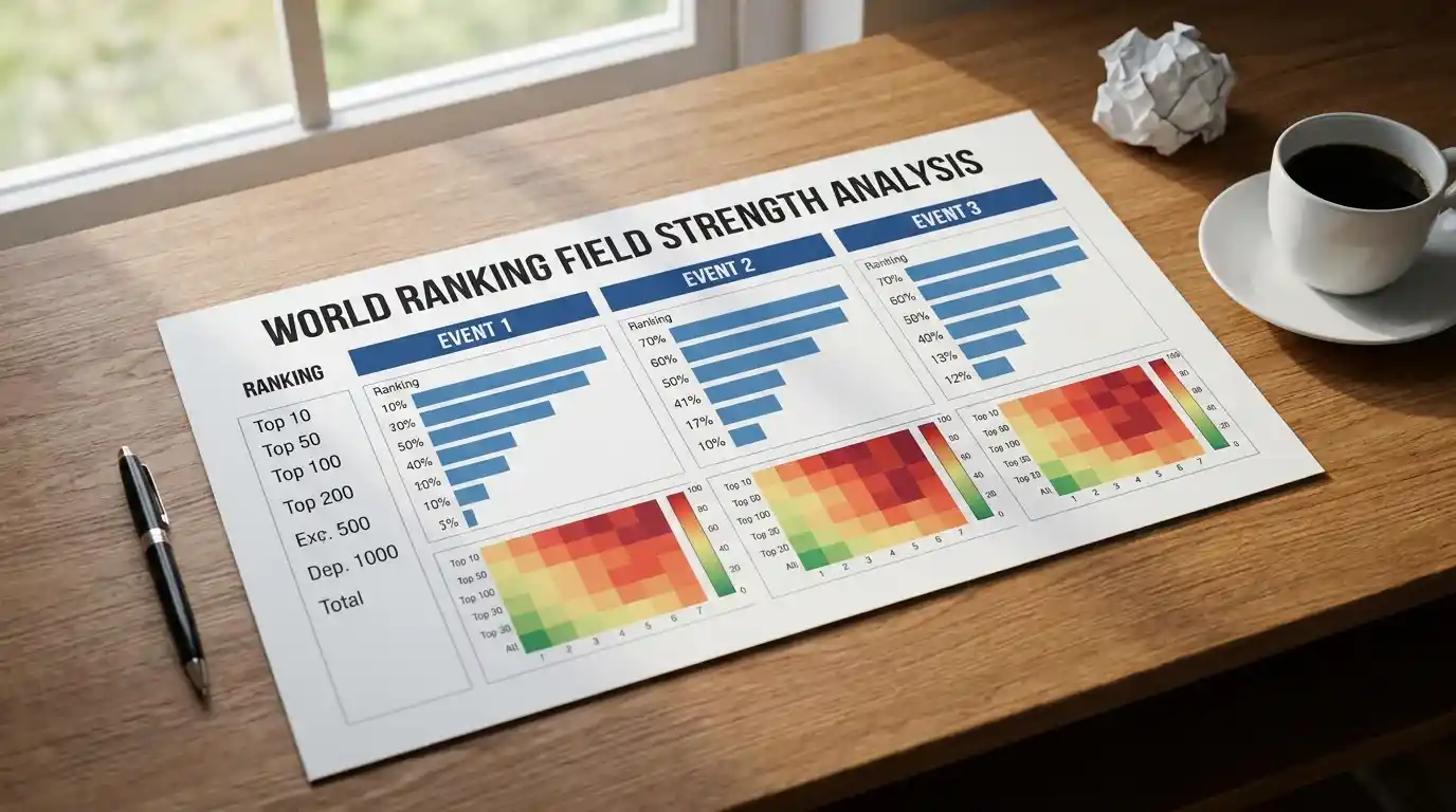 Printed field strength comparison document showing world ranking distribution for PGA events