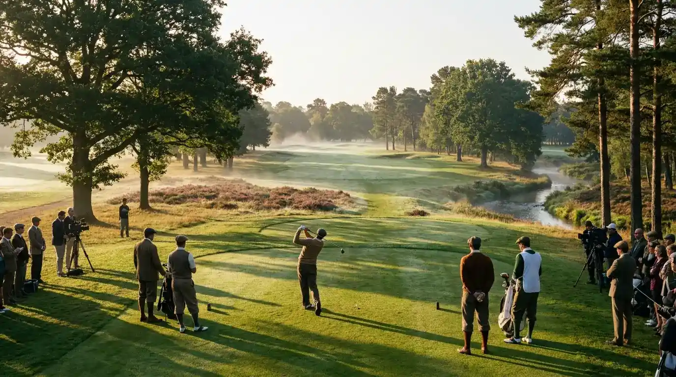 American professional golfer crouching to read a putt on a manicured PGA Tour green