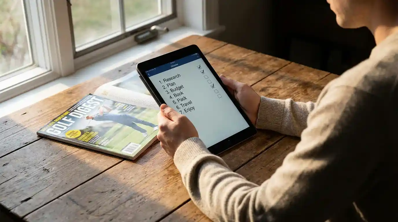 Punter reviewing a seven-point pre-bet checklist on a tablet before placing each-way golf selections