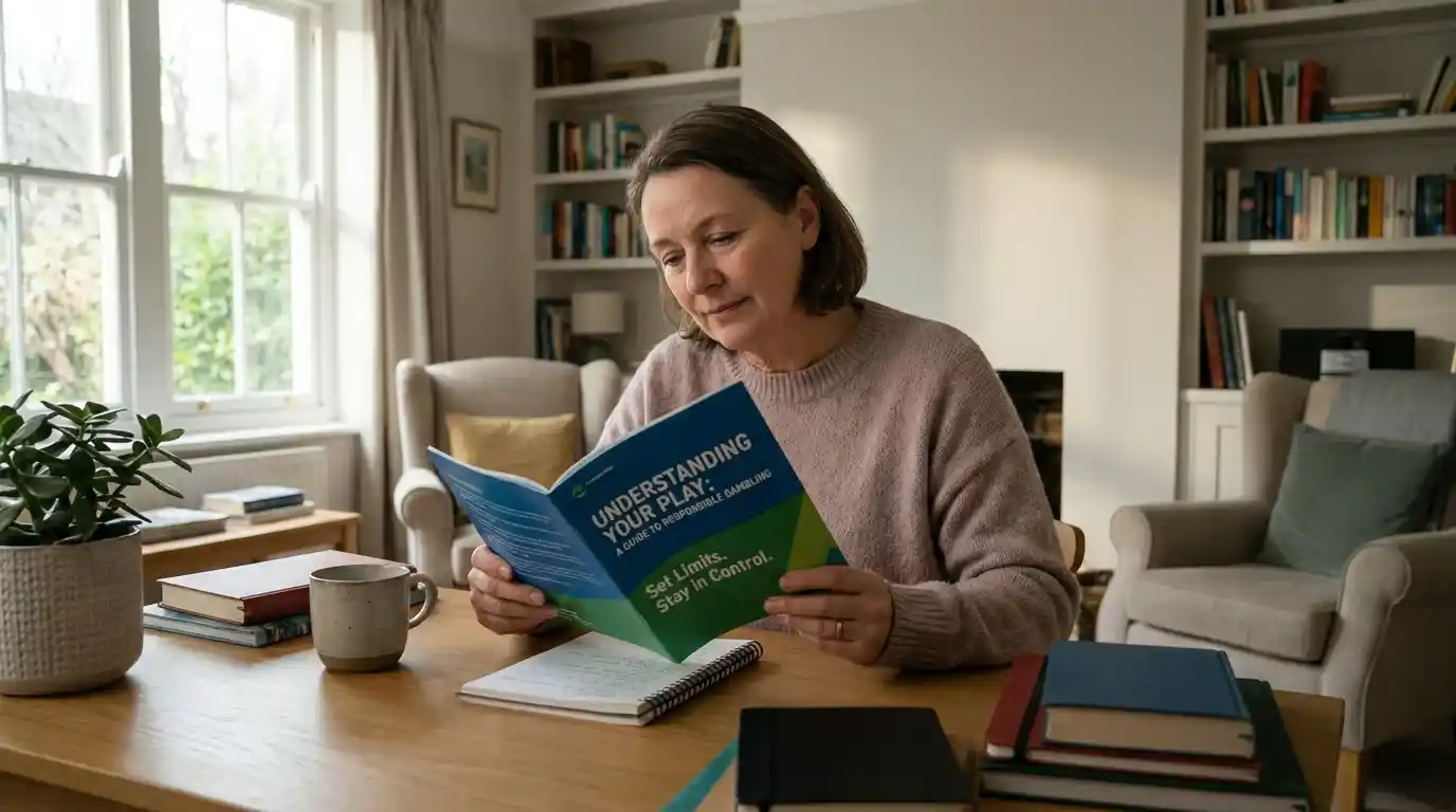 Golf punter reading a responsible gambling awareness guide at a desk
