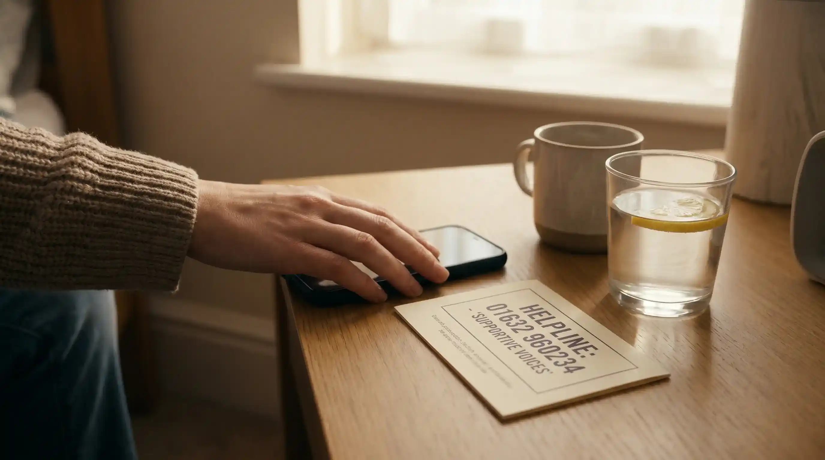 Person seeking support for problem gambling with helpline information