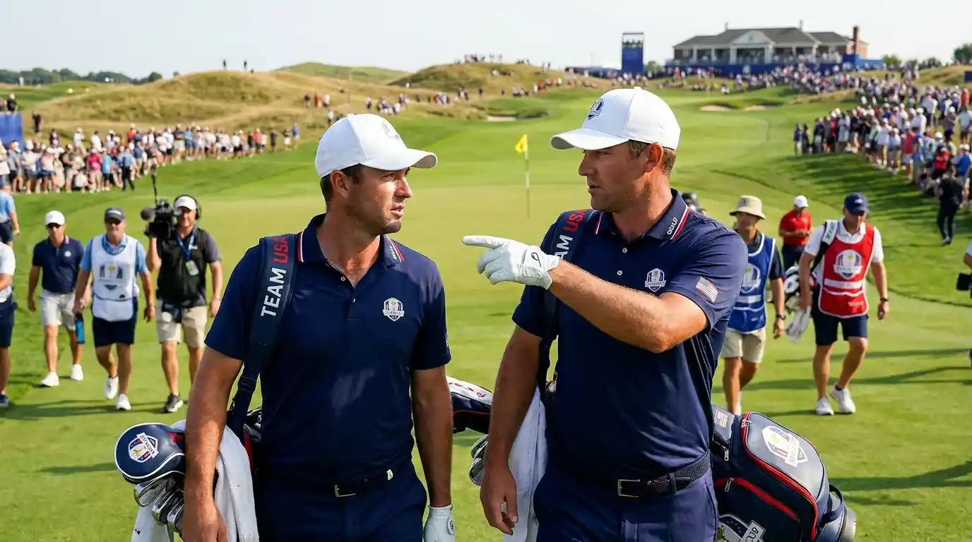Two golfers in matching team attire discussing a shot selection in foursomes format