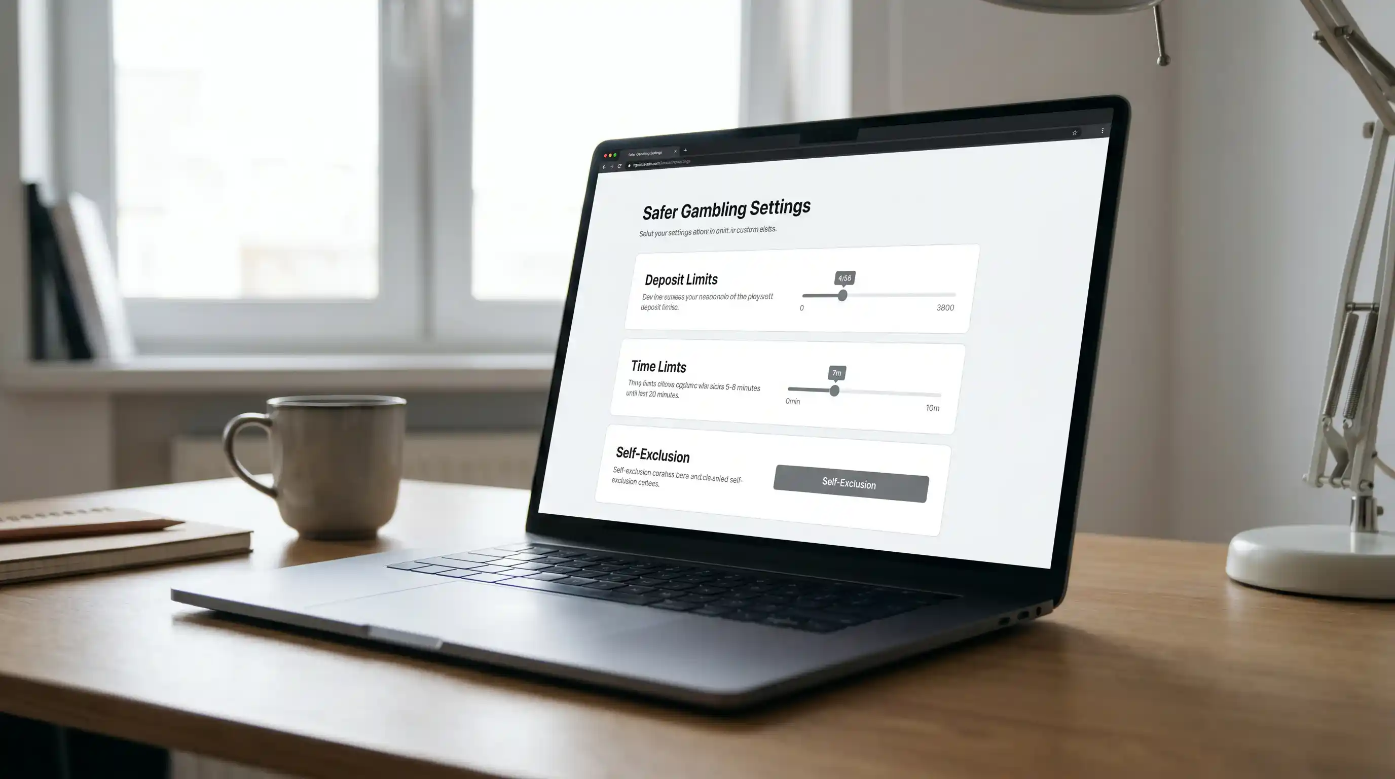 Laptop screen showing safer gambling settings with deposit limit and self-exclusion options