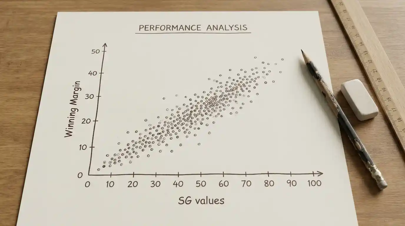 Scatter plot showing correlation between SG per round and golf winning margin