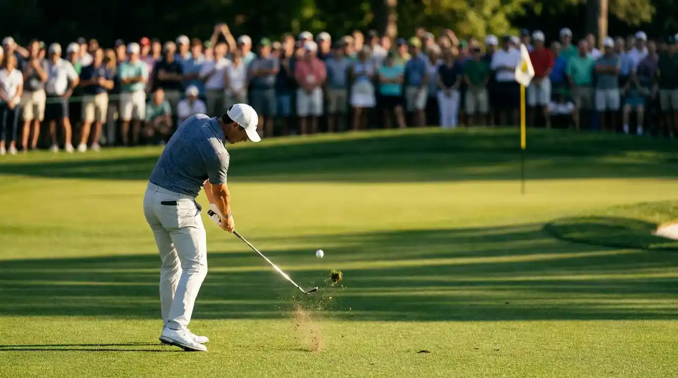 Golfer hitting precise iron approach shot on parkland course fairway