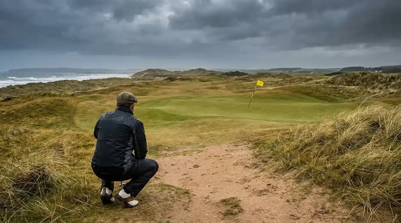 Golfer playing links golf in strong wind on Scottish coastal course