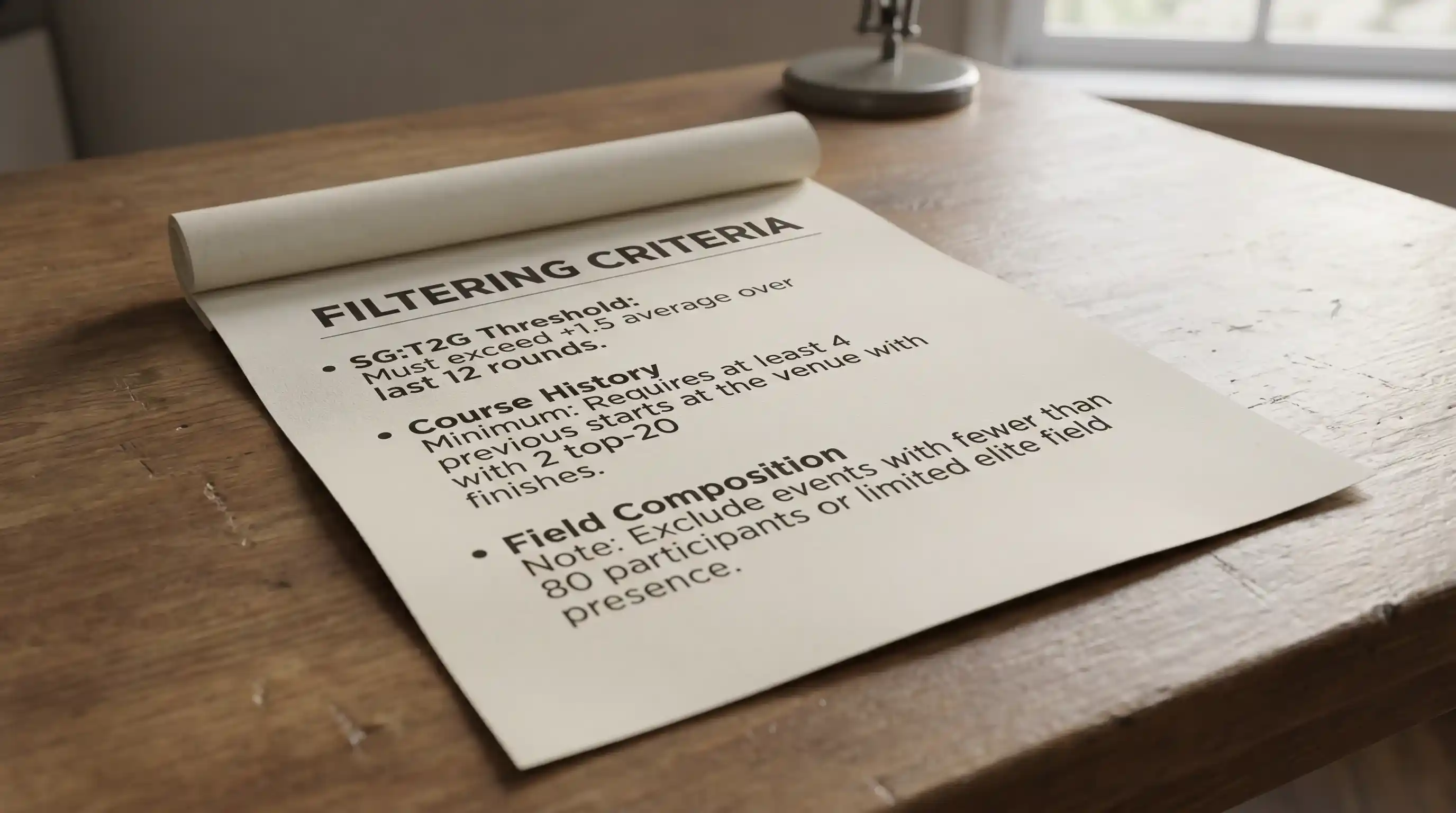 Printed longshot filtering criteria document with SG:T2G and course history thresholds
