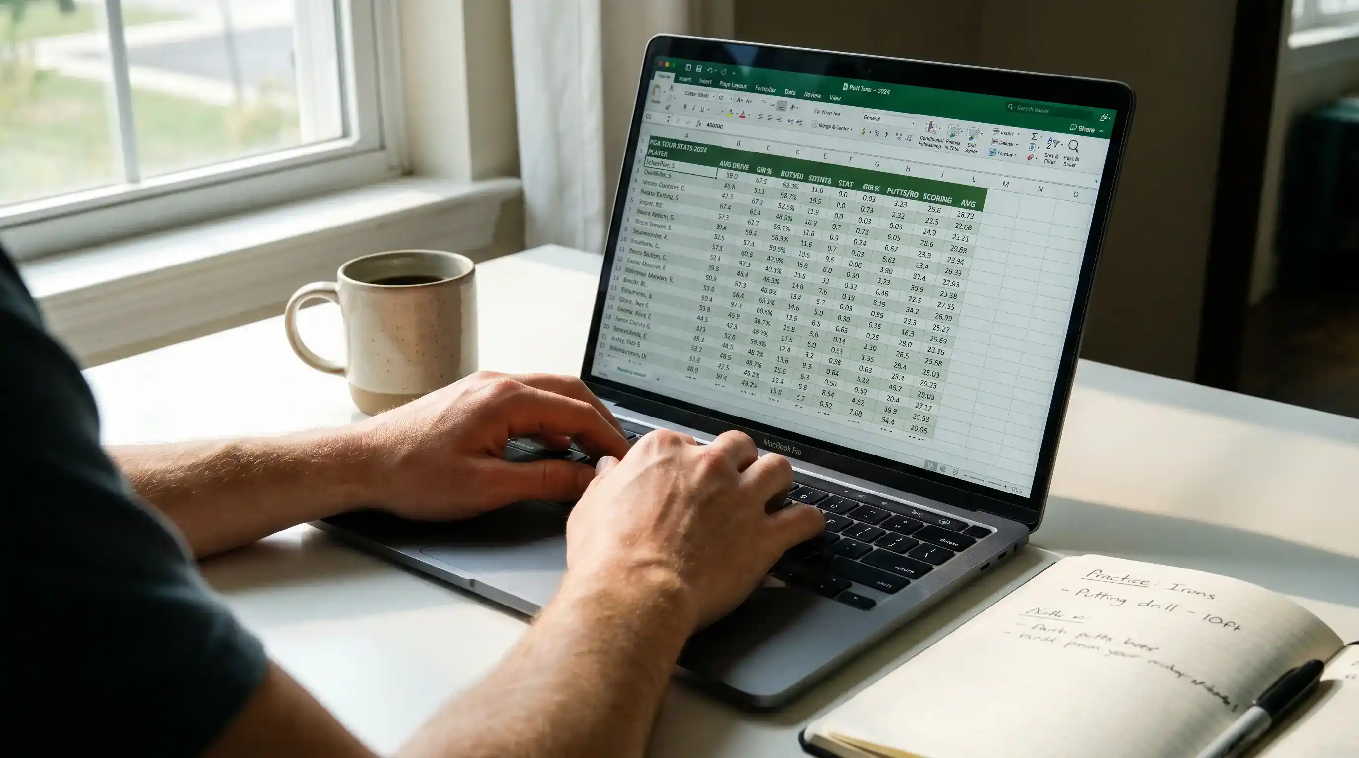 Golf analyst reviewing Strokes Gained data on laptop before tournament