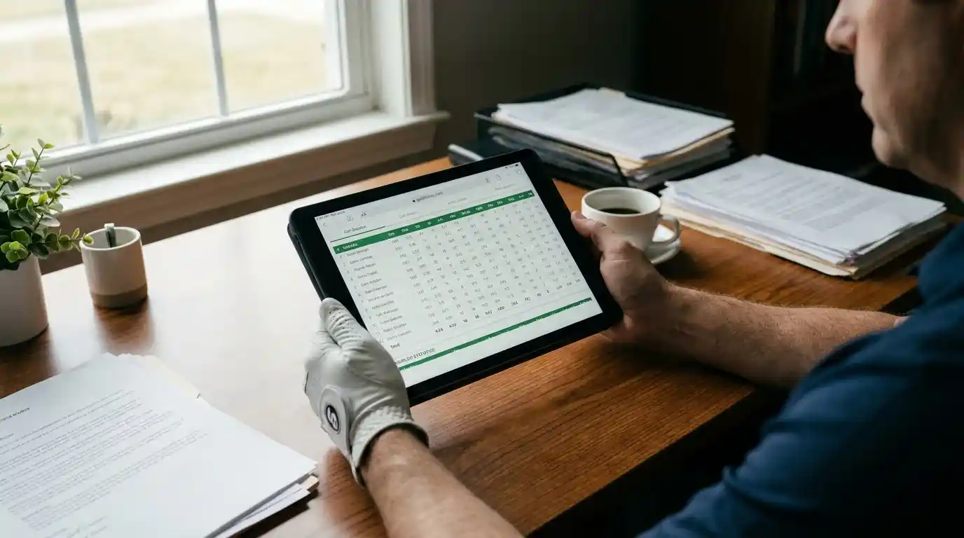 Golf analyst reviewing SG:T2G data on a tablet to build a first round leader shortlist