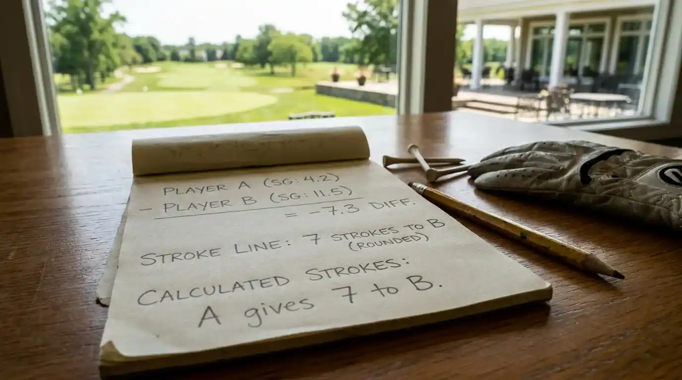 Notepad showing stroke handicap line calculation from two player SG value comparison