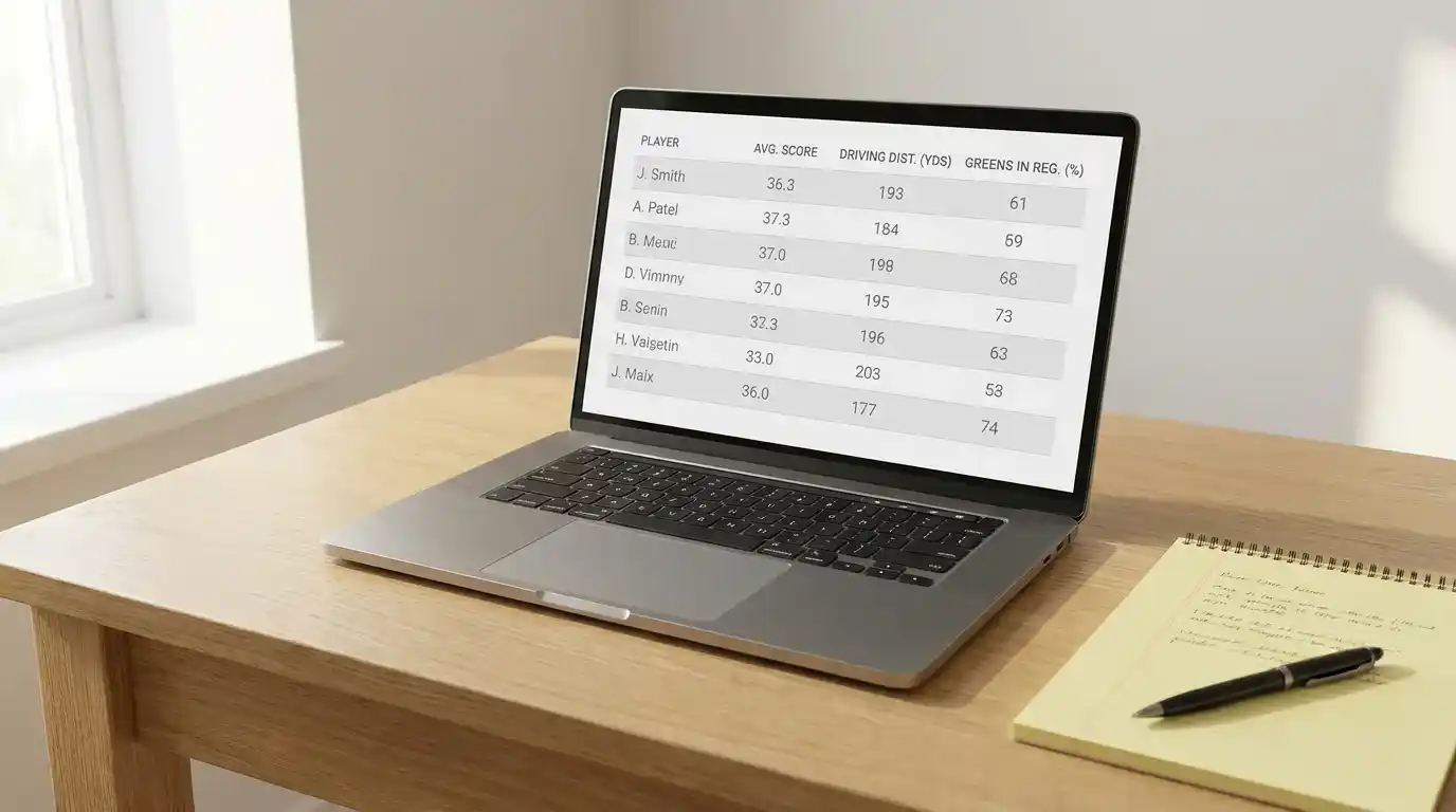 Laptop screen showing Strokes Gained statistics dashboard with PGA Tour player rankings for golf betting analysis