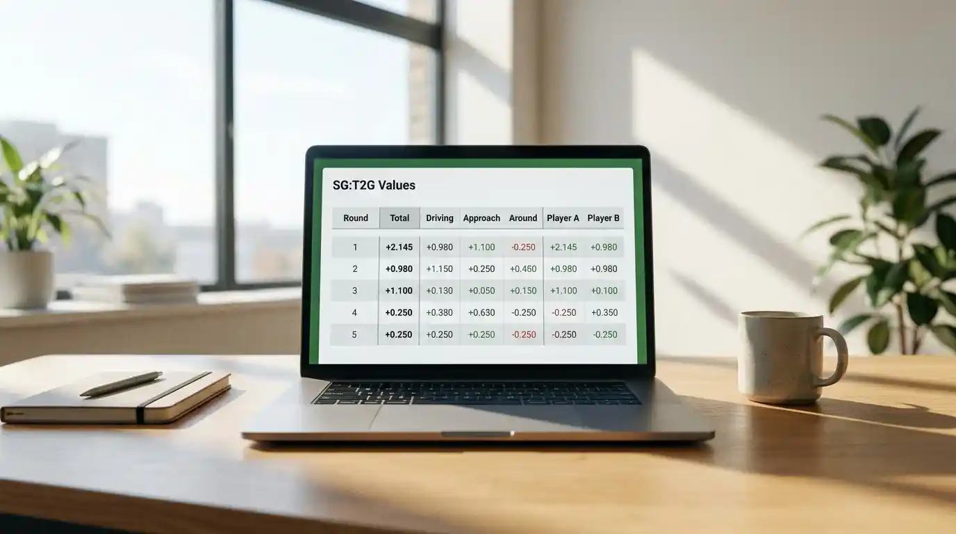 Laptop displaying Strokes Gained Tee-to-Green statistics comparing two golf players