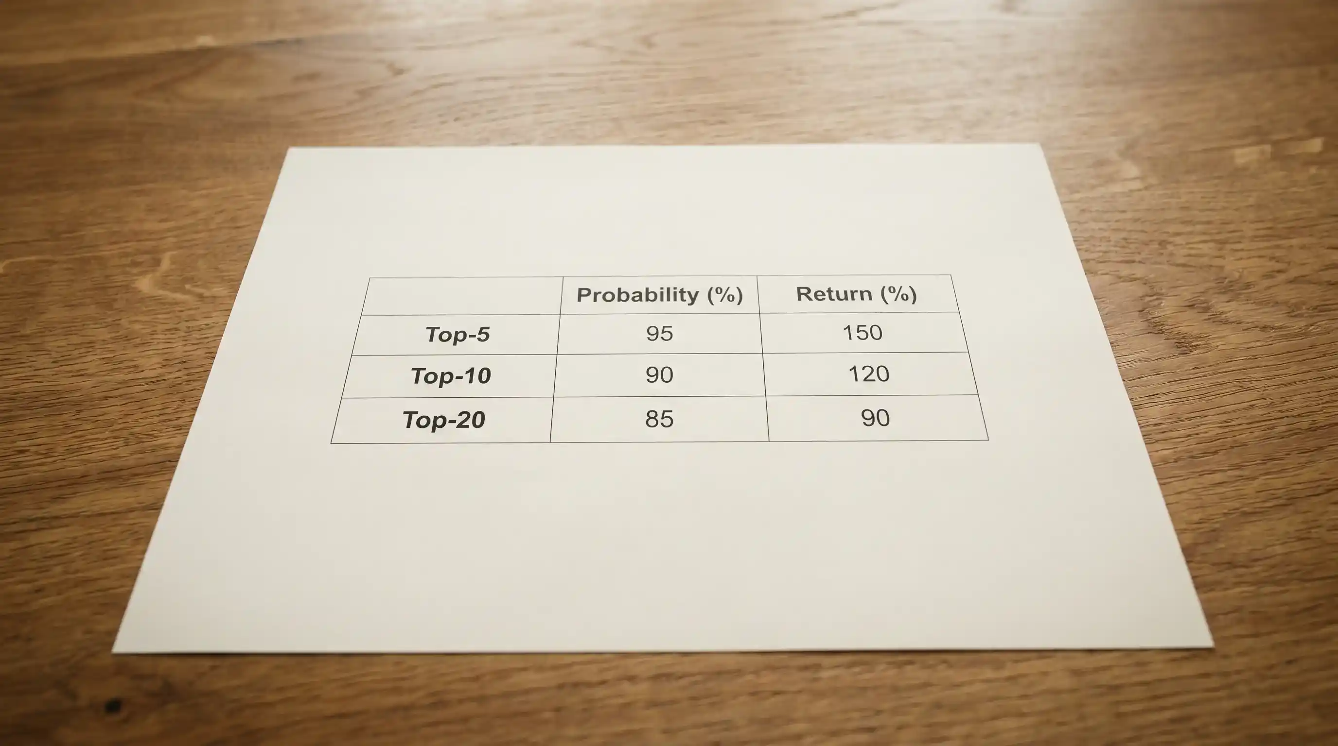 Printed table comparing top-5, top-10, and top-20 golf market payouts and probabilities
