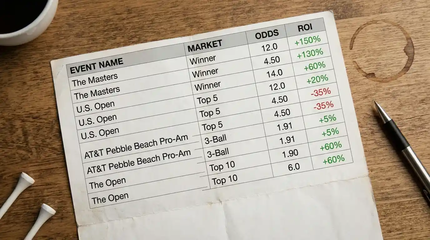 Printed golf betting portfolio spreadsheet showing top-finish ROI across a season