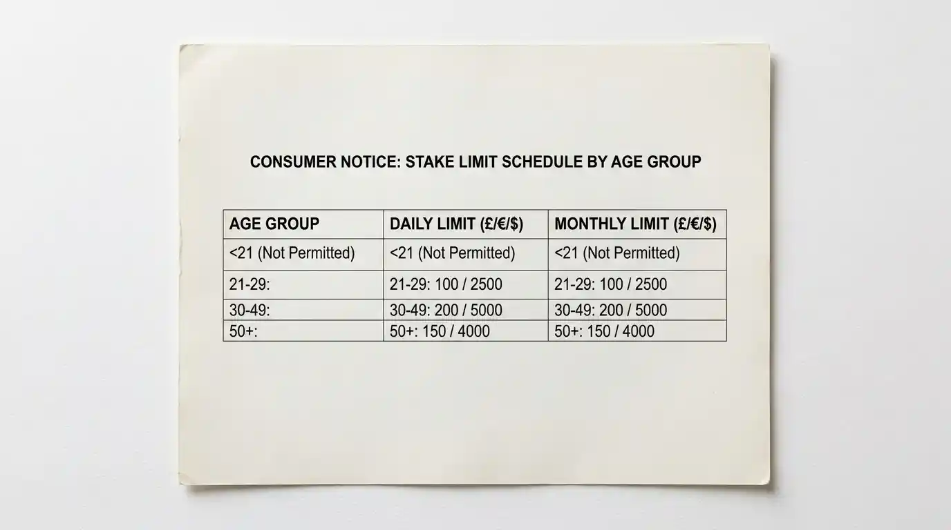 UK consumer notice showing age-based online gaming stake limits from May 2025