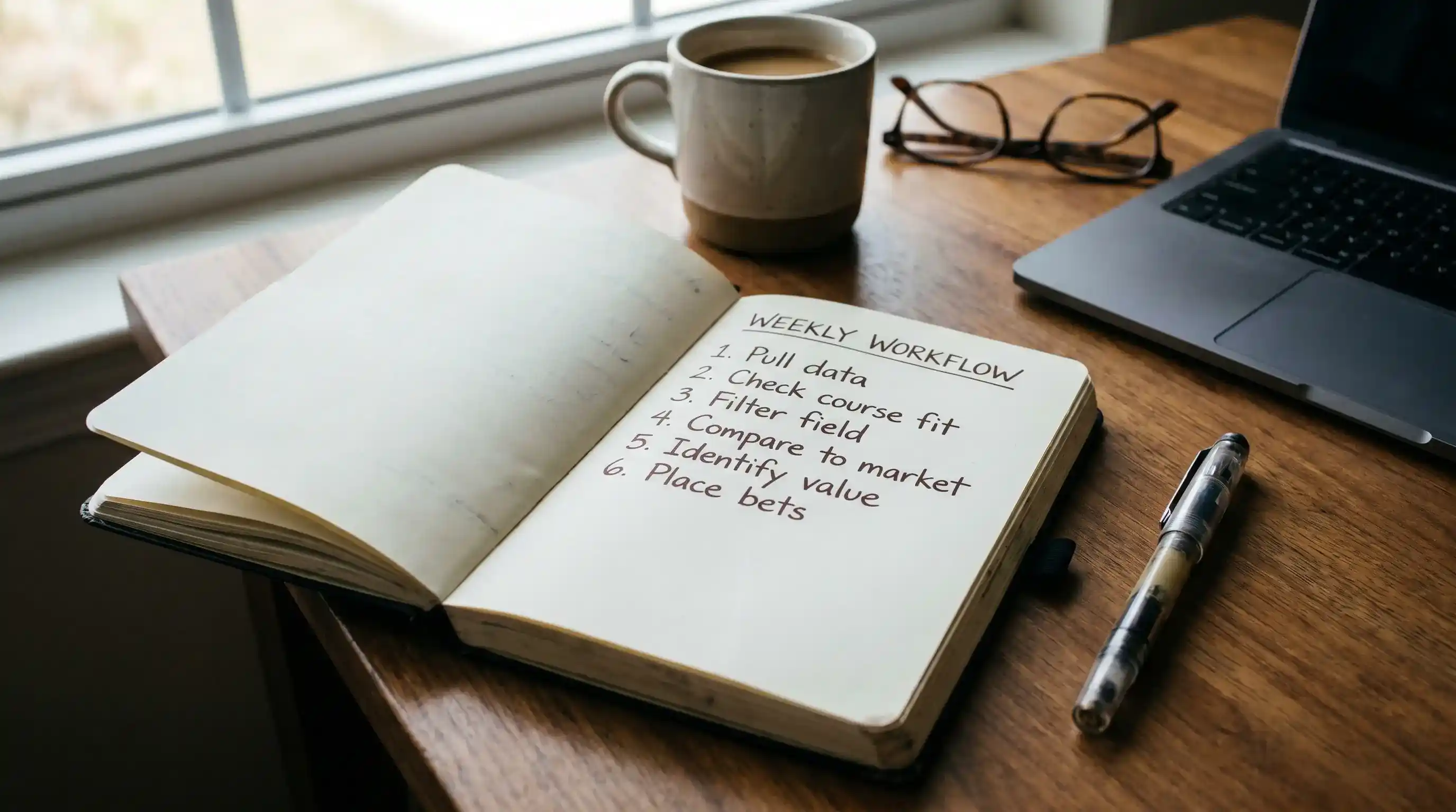 Notebook with six-step weekly DataGolf workflow from data pull to bet selection