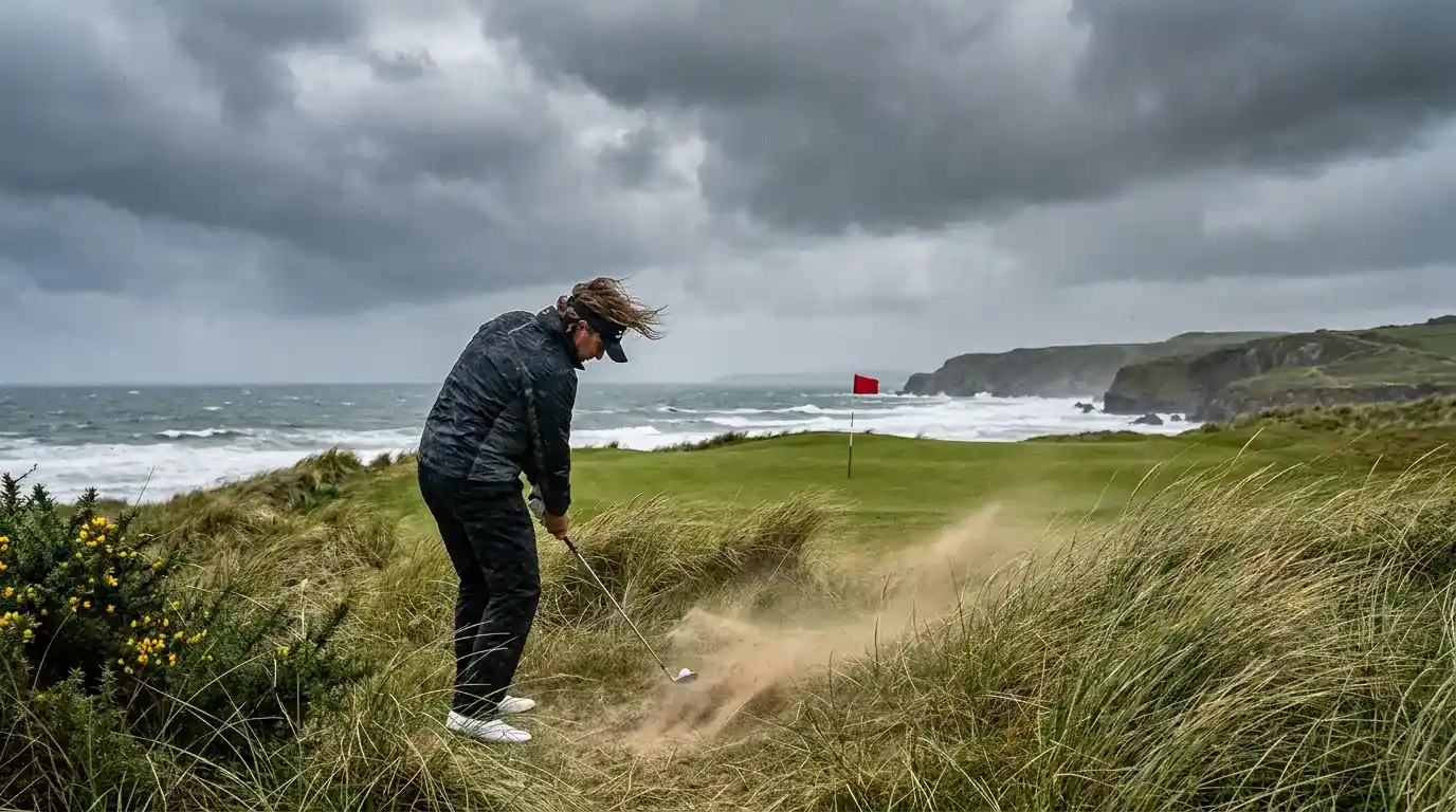 Golfer battling strong coastal wind on links course with flag horizontal