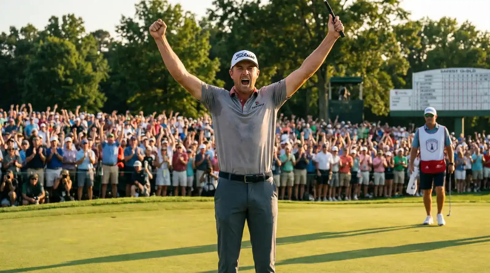 Professional golfer celebrating a dominant victory on the 18th green